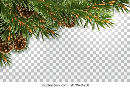 Corner frame of evergreen spruce branches, pine cones and snowflakes. For Christmas decorations and greeting card designs. Isolated on a transparent background. Realistic vector illustration.