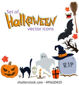 Corner frame of Halloween icons isolated on white background. Vector stock illustration.