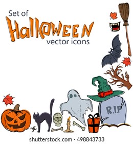 Corner frame of Halloween icons isolated on white background. Vector stock illustration.