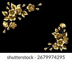Corner frame of jewelry branches, golden, jewelry, cherry blossom on black background. Golden Japanese cherry.
