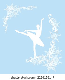 corner frame made of snow flakes with beautiful ballerina girl and frost decor - white vector silhouette set for winter season ballet design