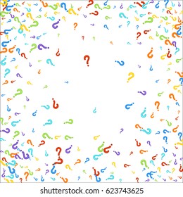 Corner frame on white background made of question marks. Multicolored question marks with colorful strokes. Vector illustration.