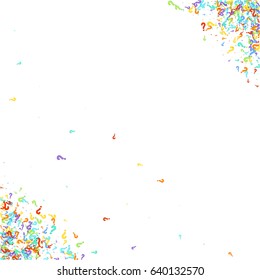Corner frame on white background made of question marks. Multicolor question marks with colorful strokes. Vector illustration. Randomly scattered colorful question marks on white background.