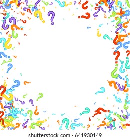 Corner frame on white background made of question marks. Multicolor question marks with colorful strokes. Vector illustration. 