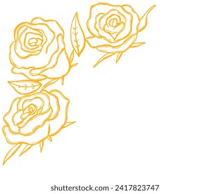 Corner frame with rose flower in golden color in sketch style