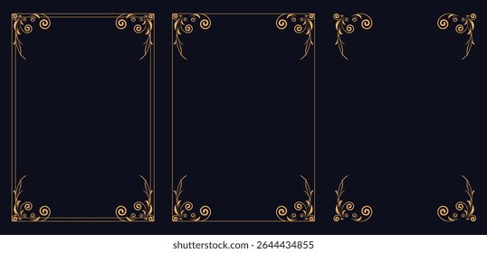 Corner frame, Set of vintage frames, Decorative border ornamental elements, elegant flourish swirl leaf accent collection for wedding invitations.