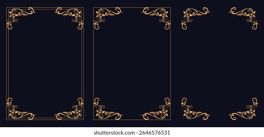 Corner frame, Set of vintage frames, Gold vintage invitation vector set. Vector illustration of decorative corner frame set