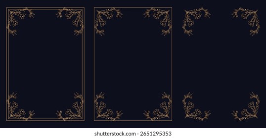 Corner frame, Set of vintage frames, bouquet of flowers, decorative vintage frame and retro badge.Luxury Gold vintage invitation vector set. Ornamental curls, dividers,