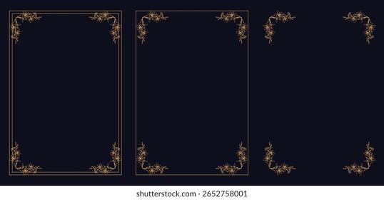 Corner frame, Set of vintage frames, bouquet of flowers, Luxury Gold vintage invitation vector set. Ornamental curls