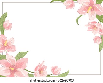 Corner frame template with sakura magnolia hellebore flowers on white background. Horizontal landscape orientation. Vector design illustration floral garland element for decoration, card, invitation.