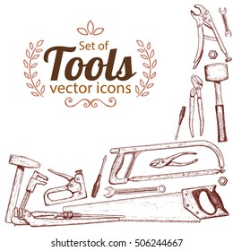 Corner frame with tool icons. Sketch style illustration of repair tools for vintage decoration. Vector.