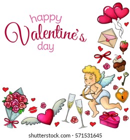 Corner frame with Valentine's Day icons. Colorful sketch style illustration for Valentine's Day greeting card and decoration. Vector.