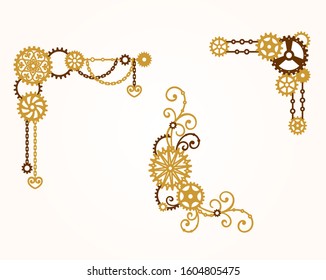 Corner of gears with chain and curls. Mechanism. Steampunk. Decorative elements, border for a stylish holiday greeting card, wedding banner, poster, signage and labels. Vector design template