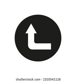 Corner left up arrow. Black circle. Direction sign. Navigation concept. Simple design. Vector illustration. Stock image. 