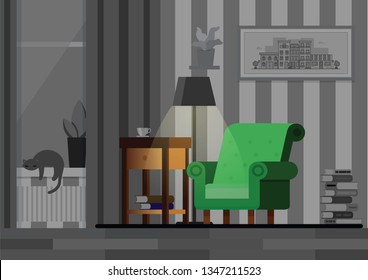 Corner of living room by night with green arm chair and a cat lying next to a window. Vector illustration with cat on window. Nice decoration for cards or as insipation. 