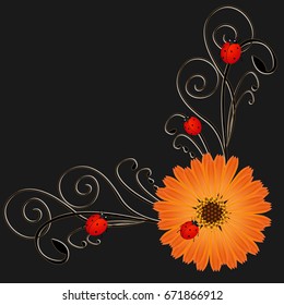 Corner with marigold flower a red ladybugs on a black background.