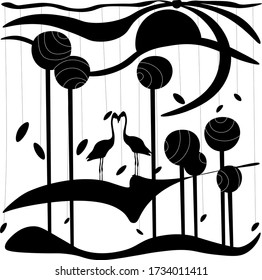 Corner of nature trees plants sun earth two birds two framingo poster picture print ready drawing resting place for office monochrome laconic black and white vector