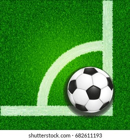 Corner on soccer green grass field and leather ball. Vector realistic illustration