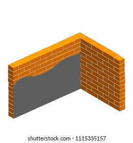 corner of the orange brick wall of the house. construction materials. gray cement layer. scheme-technology of reconstruction
