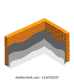 corner of the orange brick wall of the house. construction materials. three gray cement layer. scheme-technology of reconstruction
