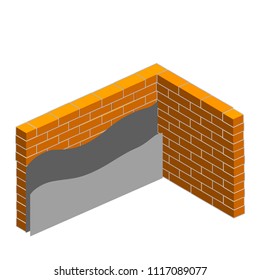 corner of the orange brick wall of the house. construction materials. two gray cement layer. scheme-technology of reconstruction
