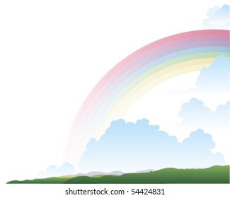 Corner ornament with a pastel colored rainbow on a mountain landscape against a blue clouded background sky. White background.