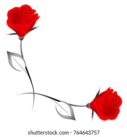Corner ornament with red roses and leaves, design element.