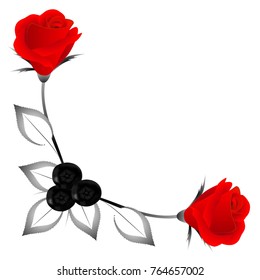 Corner ornament with red roses, leaves and berries, design element.