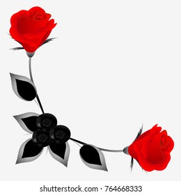 Corner ornament with red roses, leaves and chokeberry, design element.