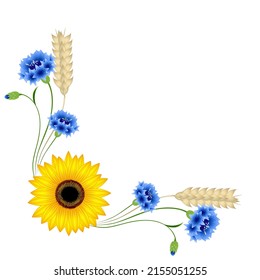 Corner ornament with sunflower and cornflowers on a white background.