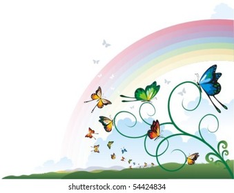 Corner ornament with a swarm of multicolored butterflies flying on to a branch in a mountain landscape. White background.