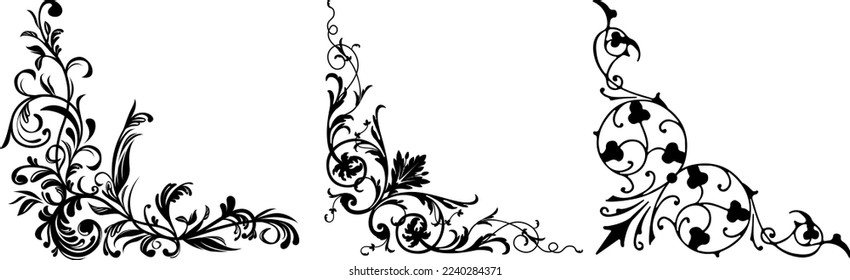 Corner ornament. Vector set of floral corners on white background.
