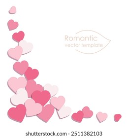 Marco de la superposición de la esquina de muchos corazones rosados pastel aislados en blanco. Composición de ángulo, Plantilla cuadrada. Clipart de Vector para el amor y el diseño del día de San Valentín, romántico o post de boda en SM, invitación.