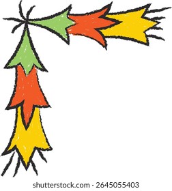 Um padrão de canto com folhas estilizadas em uma textura parecida com um giz de cera. As folhas formam um desenho angular com bordas ásperas. Ilustração de vetor de desenhos animados.