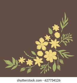 Corner pattern of yellow flowers embroidery design for clothing. Nature flowers embroidery patch vector decoration. 