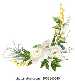 Esquina de peonías, mimosa y hierba. Elemento de diseño para crear la tarjeta de felicitación. Ilustración vectorial.