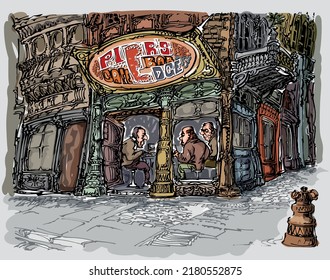 Corner pub, freehand drawn imaginary street scene illustration