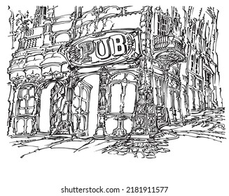 Corner pub, freehand drawn imaginary, vintage street scene illustration