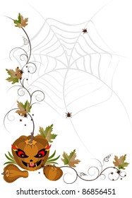 Corner of pumpkins and leaves on a background of spider webs.Banner.