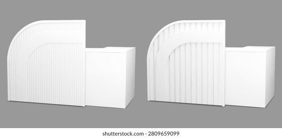 Corner reception counter mockup and white desk. Lobby information table and blank area curve mock up. Show stand for exhibition vector. Fair promo and service construction kiosk for shop stall.