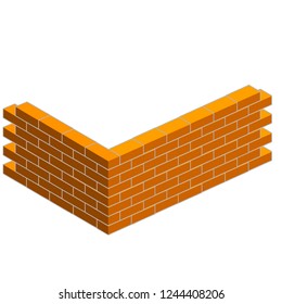 Corner of the red brick wall. Construction of buildings. Material for home repair. High wall in isometric view.
