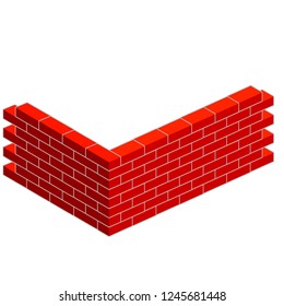 Corner of the red brick wall. Construction of buildings. Material for home repair. High wall in isometric view.