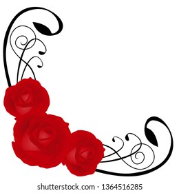 Corner with red roses on a white background.