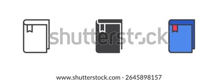 Corner ribbon bookmark icon in three styles: line, solid and colorful filled outline. Vector icon for tagging pages or items. Icon pack with color and glyph signs.
