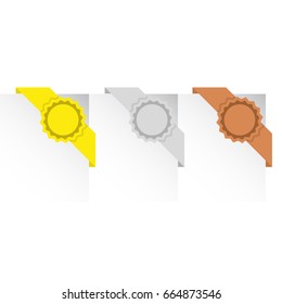 Corner ribbons with badge. Isolated design elements. Flat style. Gold, Silver and bronze.