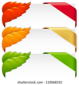 Corner ribbons and fall leaf frames vector set for a new, sale and sold out items