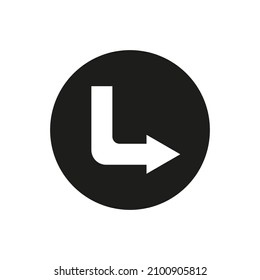 Corner right down arrow. Black circle. Navigation concept. Direction traffic sign. Vector illustration. Stock image. 