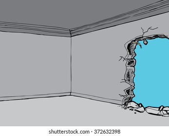 Corner of room with partially destroyed wall