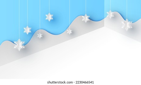 Corner room template decorated with paper cut snowflake hanging. Winter background with blank space. Paper cut and craft style. vector, illustration.