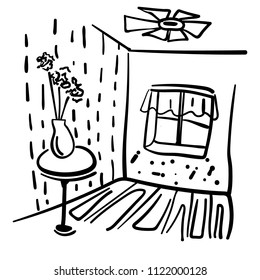 The corner of the room with a window and a vase with flowers on the table. Freehand linear black ink hand drawn decor design project sketchy in art cartoon scribble engraving style pen on paper